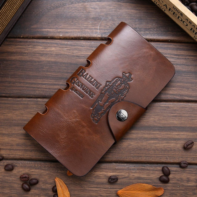 2019 Classic Vintage Man Hasp Hunter Cowboy Bailini Brand Long Leather Wallet Clutch with Coin Purse Pocket Leather Clutch Bags